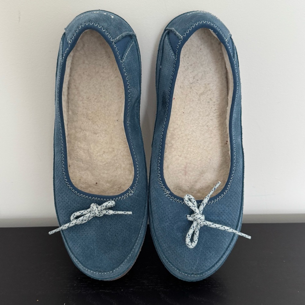 L.L.Bean Womens Fleece‎ Lined Blue Suede Slippers Slip-On Moccasins Size 11 M